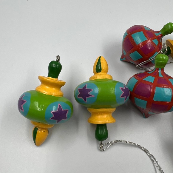 Bright Colorful Christmas Ornaments Tops Green Yellow Purple Resin Wood Feel - Picture 3 of 9